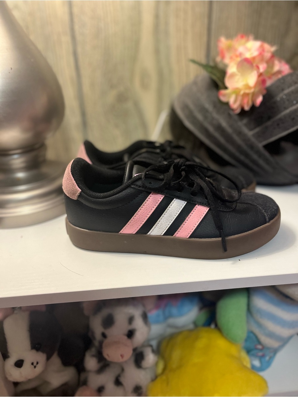 adidas Kids Black Sneakers with Pink & White Stripes - Picture 2 of 5
